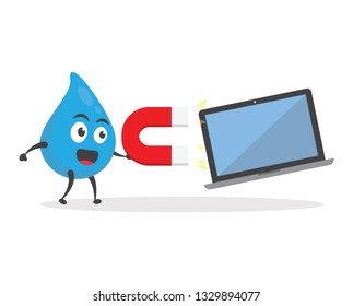 vector illustration character cartoon modern flat design of cute water blue mascot holding magnet attract smartphone, mobile tablet, pc computer monitor and laptop in white background