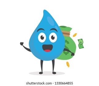 vector illustration character cartoon modern flat design of cute water blue mascot holding money bag, coin golden and sheet green money with trolley market shopping cart in white background