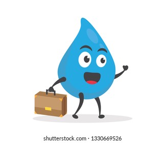 vector illustration character cartoon modern flat design brand of cute water blue mascot walking with phone calling and suitcase success in white background