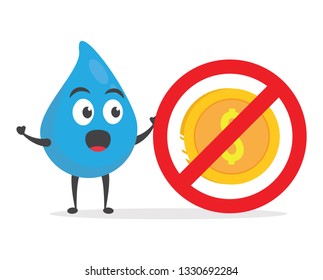 vector illustration character cartoon modern flat design brand of cute water blue mascot holding no 3d money, sign of caution dont use coin gold dollar icon in white background