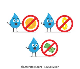 vector illustration character cartoon modern flat design brand of cute water blue mascot holding no 3d money, sign of caution dont use coin gold dollar icon in white background