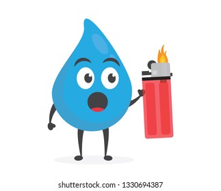 vector illustration character cartoon modern flat design brand of cute water blue mascot holding gas lighter and  matches fire white background