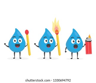 vector illustration character cartoon modern flat design brand of cute water blue mascot holding gas lighter and  matches fire white background