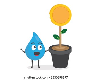 vector illustration character cartoon modern flat design brand of cute water blue mascot holding earth growing money tree coin gold success passive income, bitcoin, euro and dollar in white background