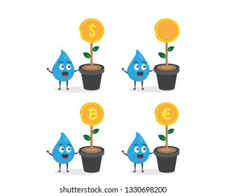vector illustration character cartoon modern flat design brand of cute water blue mascot holding earth growing money tree coin gold success passive income, bitcoin, euro and dollar in white background
