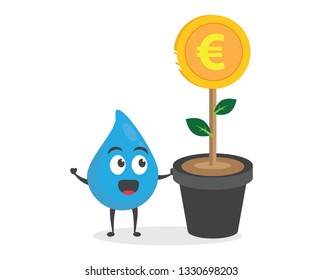 vector illustration character cartoon modern flat design brand of cute water blue mascot holding earth growing money tree coin gold success passive income, bitcoin, euro and dollar in white background