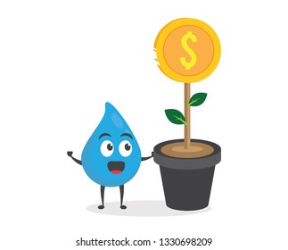 vector illustration character cartoon modern flat design brand of cute water blue mascot holding earth growing money tree coin gold success passive income, bitcoin, euro and dollar in white background