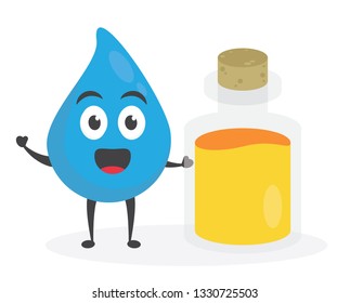 vector illustration character cartoon modern flat design brand of cute water blue mascot holding tube glass with yellow liquid water medicine in white background