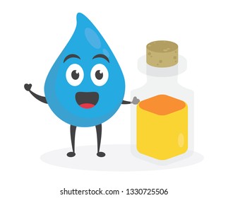 vector illustration character cartoon modern flat design brand of cute water blue mascot holding tube glass with yellow liquid water medicine in white background