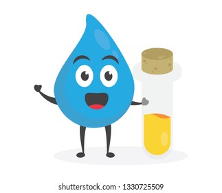 vector illustration character cartoon modern flat design brand of cute water blue mascot holding tube glass with yellow liquid water medicine in white background