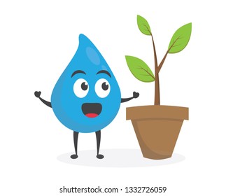 vector illustration character cartoon modern flat design brand of cute water blue mascot holding tree pot plant, green leaf in white background