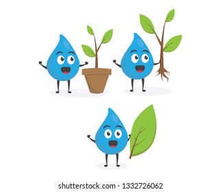 vector illustration character cartoon modern flat design brand of cute water blue mascot holding tree pot plant, green leaf in white background