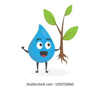 vector illustration character cartoon modern flat design brand of cute water blue mascot holding tree pot plant, green leaf in white background