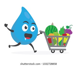 vector illustration character cartoon modern flat design brand of cute water blue mascot holding delicious fresh fruits  with trolley market shopping cart in white background