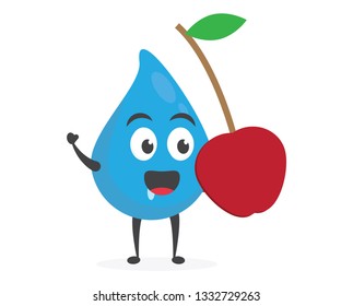 vector illustration character cartoon modern flat design brand of cute water blue mascot holding delicious fresh fruit cherry with trolley market shopping cart in white background
