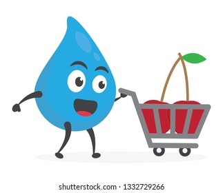 vector illustration character cartoon modern flat design brand of cute water blue mascot holding delicious fresh fruit cherry with trolley market shopping cart in white background