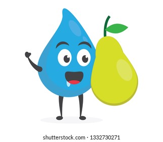 vector illustration character cartoon modern flat design brand of cute water blue mascot holding delicious fresh fruit pear with trolley market shopping cart in white background