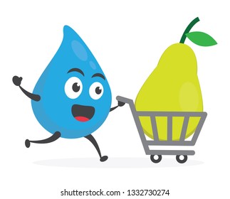 vector illustration character cartoon modern flat design brand of cute water blue mascot holding delicious fresh fruit pear with trolley market shopping cart in white background