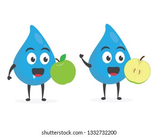 vector illustration character cartoon modern flat design brand of cute water blue mascot holding delicious fresh fruit apple slice green with trolley market shopping cart in white background