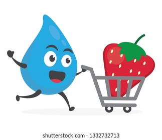 vector illustration character cartoon modern flat design brand of cute water blue mascot holding delicious fresh fruit strawberry with trolley market shopping cart in white background