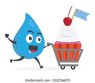 vector illustration character cartoon modern flat design brand of cute water blue mascot holding delicious colorful cupcake sweet with trolley market shopping cart in white background