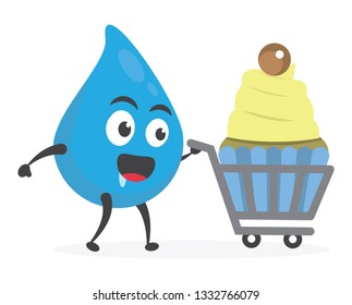 vector illustration character cartoon modern flat design brand of cute water blue mascot holding delicious colorful cupcake sweet with trolley market shopping cart in white background