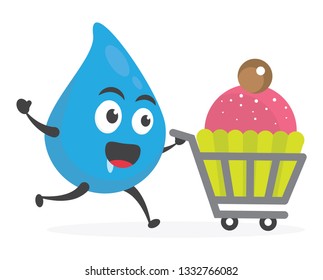 vector illustration character cartoon modern flat design brand of cute water blue mascot holding delicious colorful cupcake sweet with trolley market shopping cart in white background