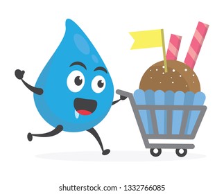 vector illustration character cartoon modern flat design brand of cute water blue mascot holding delicious colorful cupcake sweet with trolley market shopping cart in white background