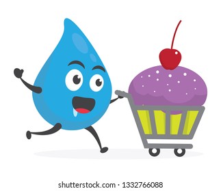 vector illustration character cartoon modern flat design brand of cute water blue mascot holding delicious colorful cupcake sweet with trolley market shopping cart in white background