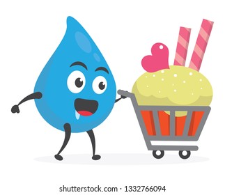 vector illustration character cartoon modern flat design brand of cute water blue mascot holding delicious colorful cupcake sweet with trolley market shopping cart in white background