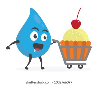 vector illustration character cartoon modern flat design brand of cute water blue mascot holding delicious colorful cupcake sweet with trolley market shopping cart in white background