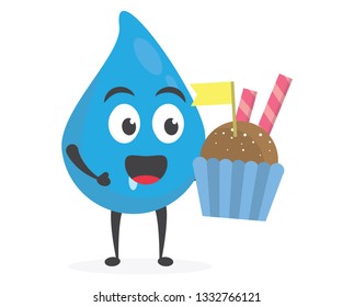 vector illustration character cartoon modern flat design brand of cute water blue mascot holding delicious colorful cupcake sweet with trolley market shopping cart in white background
