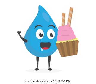 vector illustration character cartoon modern flat design brand of cute water blue mascot holding delicious colorful cupcake sweet with trolley market shopping cart in white background