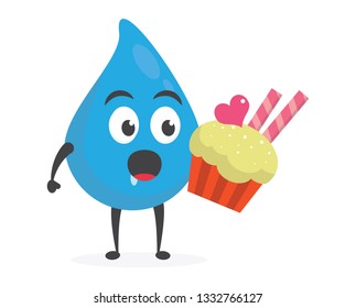 vector illustration character cartoon modern flat design brand of cute water blue mascot holding delicious colorful cupcake sweet with trolley market shopping cart in white background