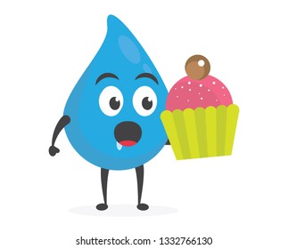 vector illustration character cartoon modern flat design brand of cute water blue mascot holding delicious colorful cupcake sweet with trolley market shopping cart in white background