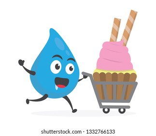 vector illustration character cartoon modern flat design brand of cute water blue mascot holding delicious colorful cupcake sweet with trolley market shopping cart in white background