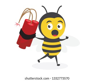 vector illustration character cartoon modern flat design brand of cute honey yellow bee mascot holding dynamite bomb tnt explosion in white background