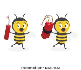 vector illustration character cartoon modern flat design brand of cute honey yellow bee mascot holding dynamite bomb tnt explosion in white background