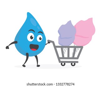 vector illustration character cartoon modern flat design brand of cute water blue mascot holding delicious sweety lollipop cotton candy with trolley market shopping cart in white background