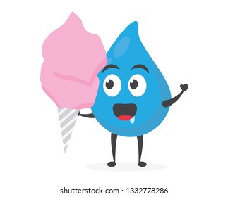 vector illustration character cartoon modern flat design brand of cute water blue mascot holding delicious sweety lollipop cotton candy with trolley market shopping cart in white background