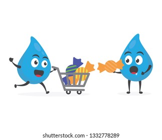 vector illustration character cartoon modern flat design brand of cute water blue mascot holding delicious sweety lollipop cotton candy with trolley market shopping cart in white background