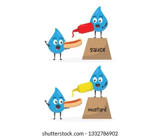 vector illustration character cartoon modern flat design brand of cute water blue mascot holding delicious eat burger, hotdog with mustard hot red sauce cart in white background. junk fast food
