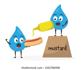 vector illustration character cartoon modern flat design brand of cute water blue mascot holding delicious eat burger, hotdog with mustard hot red sauce cart in white background. junk fast food
