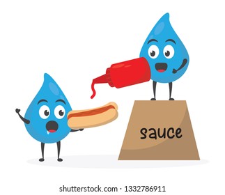 vector illustration character cartoon modern flat design brand of cute water blue mascot holding delicious eat burger, hotdog with mustard hot red sauce cart in white background. junk fast food