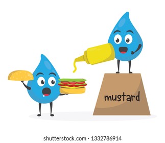 vector illustration character cartoon modern flat design brand of cute water blue mascot holding delicious eat burger, hotdog with mustard hot red sauce cart in white background. junk fast food