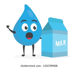 vector illustration character cartoon modern flat design brand of cute water blue mascot holding delicious white milk for drink cart in white background