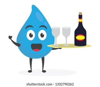 vector illustration character cartoon modern flat design brand of cute water blue mascot holding wine red glass and bottle for drink cart in white background