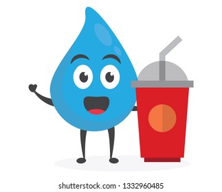 vector illustration character cartoon modern flat design brand of cute water blue mascot holding drink cup glass tea coffee cart in white background