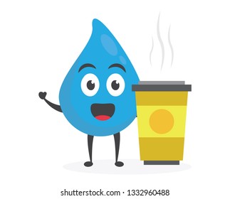vector illustration character cartoon modern flat design brand of cute water blue mascot holding drink cup glass tea coffee cart in white background