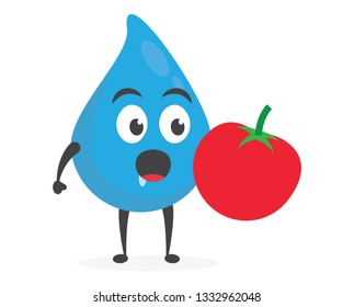 vector illustration character cartoon modern flat design brand of cute water blue mascot holding red delicious fresh tomato with trolley market shopping cart in white background